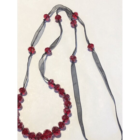 Red  Faceted Crystal Black Ribbon Hand Knotted 34”  Stunning Necklace - Picture 3 of 5
